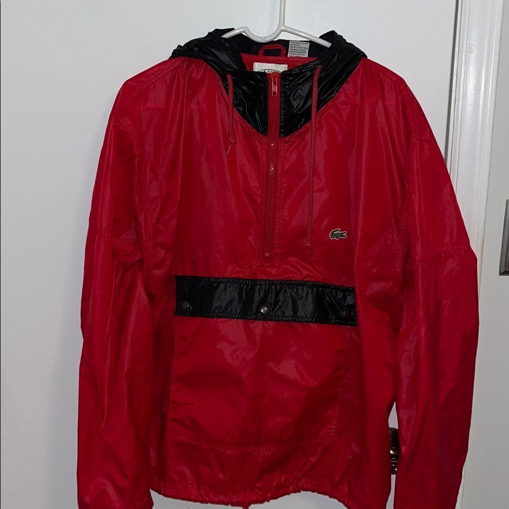Mens Vintage Red Black Izod Lacoste Nylon Windbreaker Pullover Hooded Jacket L